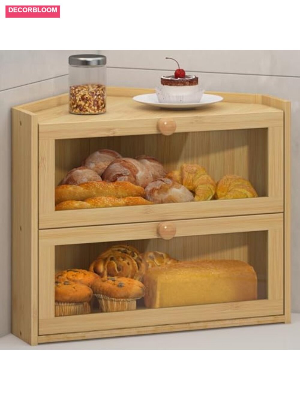 Large Corner Bread Box with Bamboo Material and Magnetic Latch